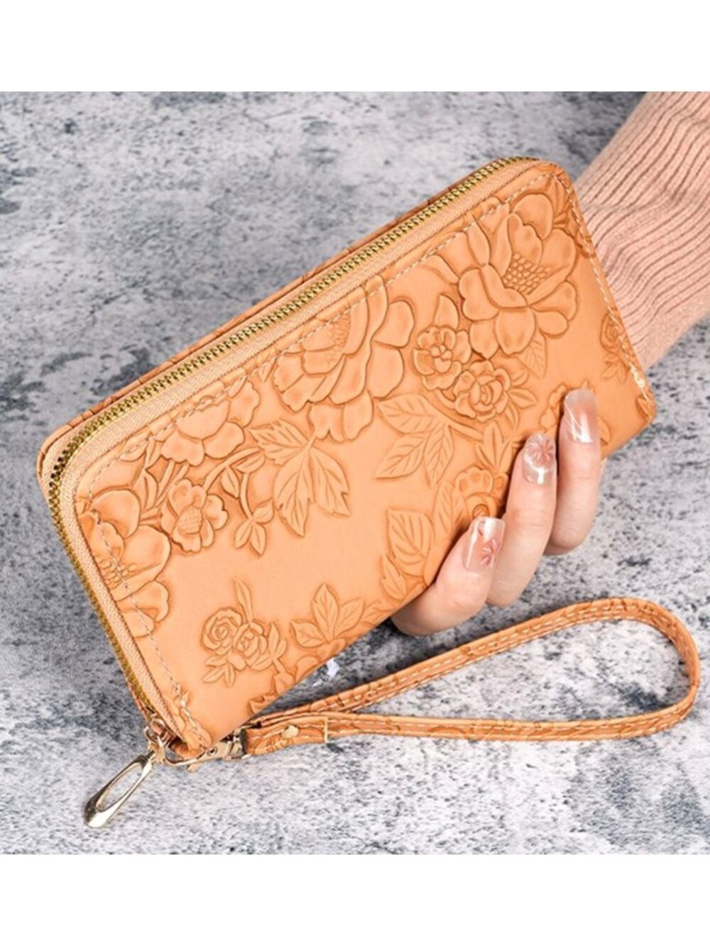 PU Leather Light Brown Floral Embossed Wallet With Wristlet Strap Zipper Closure